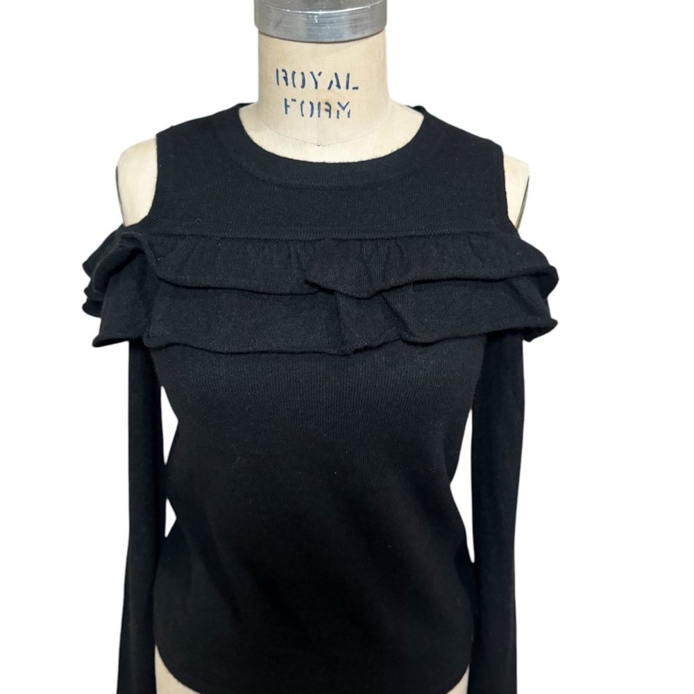 Cashmere Saks Fifth Avenue Black Ruffled Cold Shoulder Sweater xs